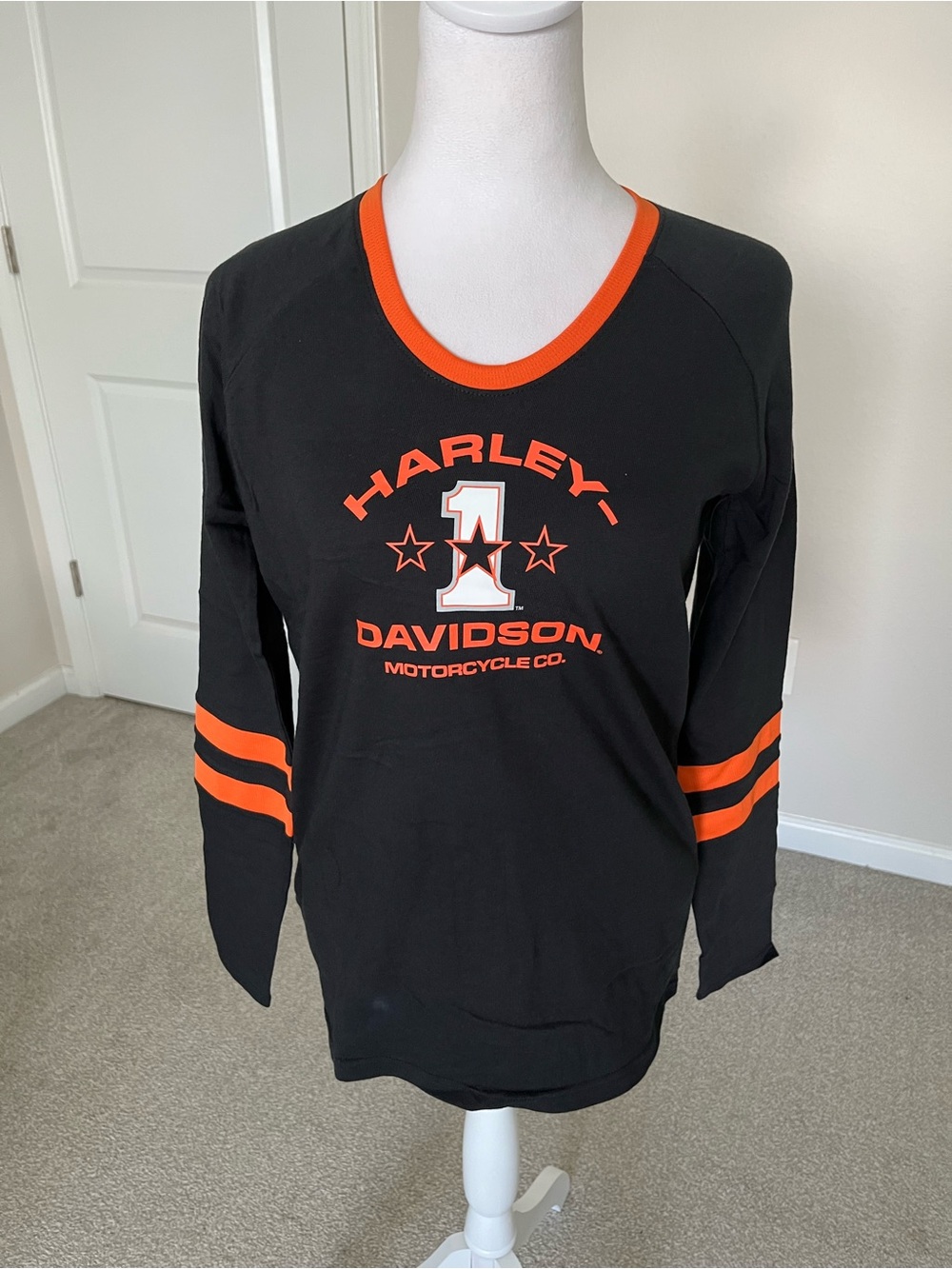 NWOT Harley-Davidson Black and Orange V-Neck Graphic Long Sleeve Tee Size Small